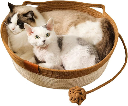 Cat Basket Bed, round Rattan Cat House for Indoor Cats, Cute Cat Cotton Rope Woven Basket Nest with Interactive Ball, Washable Winter Summer Use