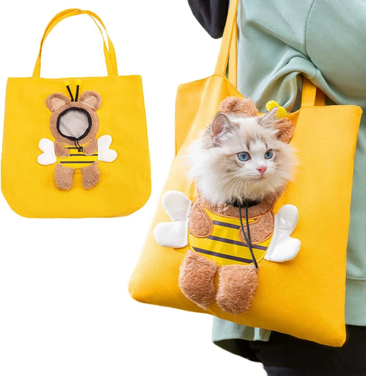 Cat Carrier Bag Small Dog Purse, Cute Bee-Shaped Show Head Small Dog Carrier,Pet Canvas Shoulder Carrying Bag,Dog Carrier Sling Soft Pouch Tote Bag for Puppy Doggy Kitten Small to Medium Cat