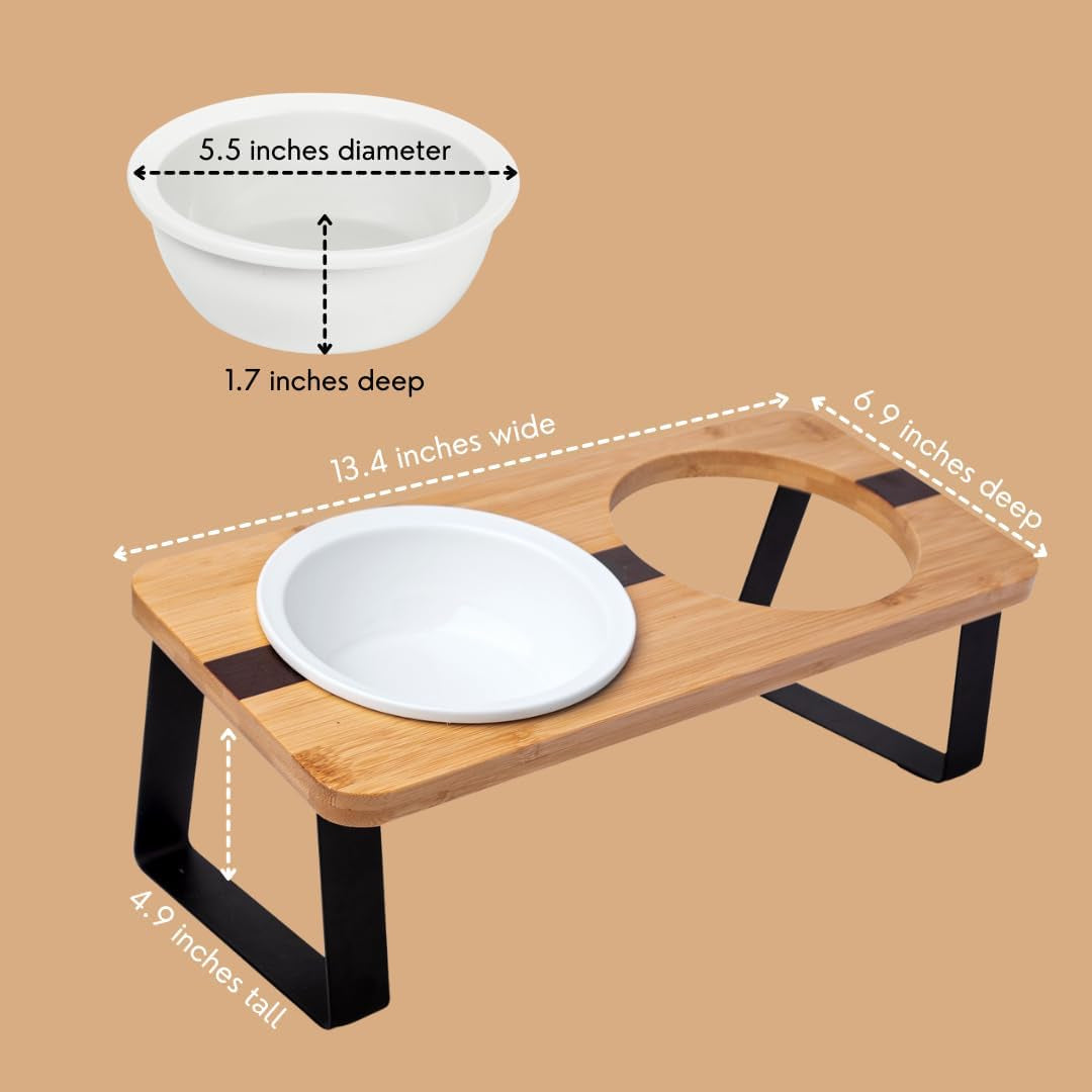 Elevated Cat Ceramic Bowls Stand for Food and Water, Small Dog, anti Vomit, Indoor Cats, Tilted Feeding Position, Full Bamboo Body Stand with Food Grade, Whisker Friendly Dish for Cats and Puppy