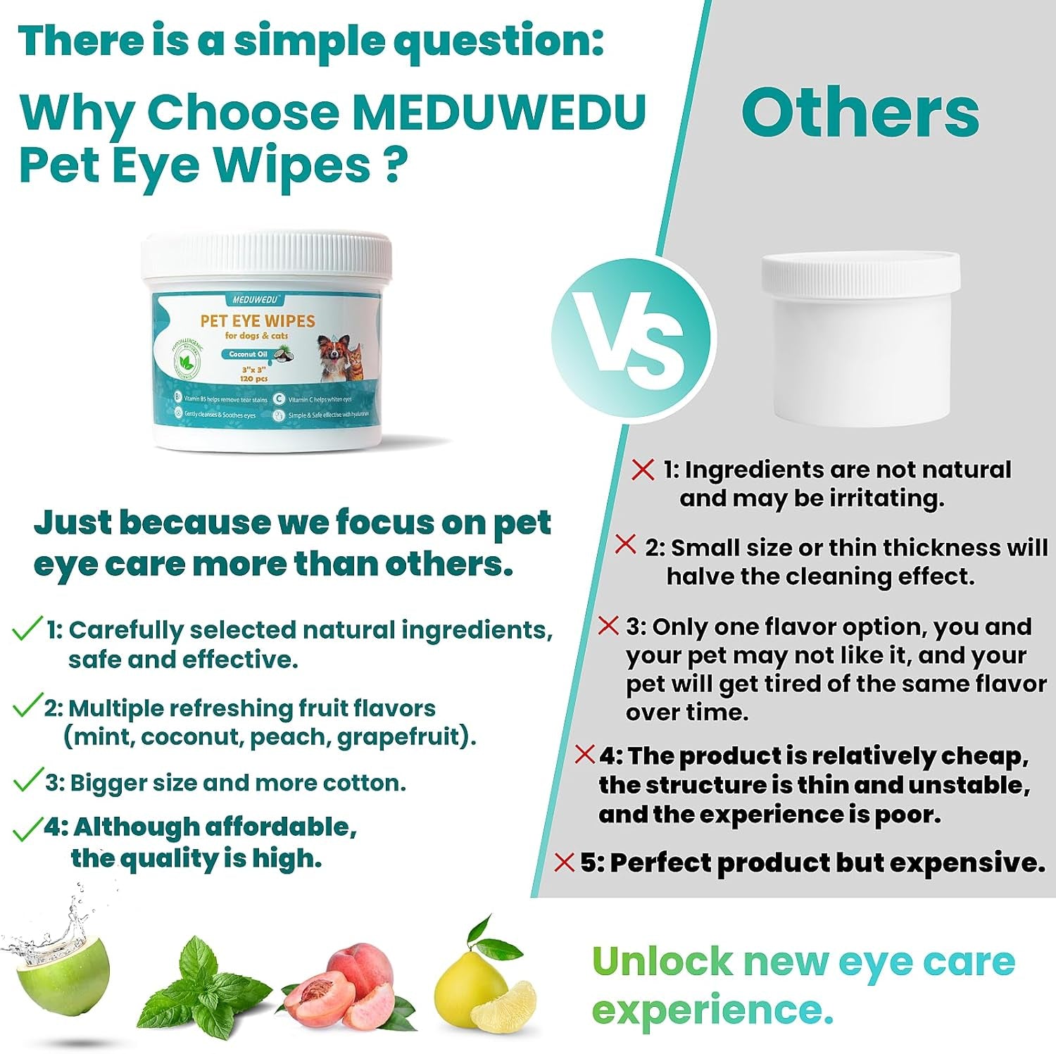 Eyes Wipes for Dogs & Cats 120 Counts, Grooming Kit Care for Dogs and Cats, Gently Remove Tear Stain, Eye Debris, Discharge, Mucus Secretions, Coconut Scent