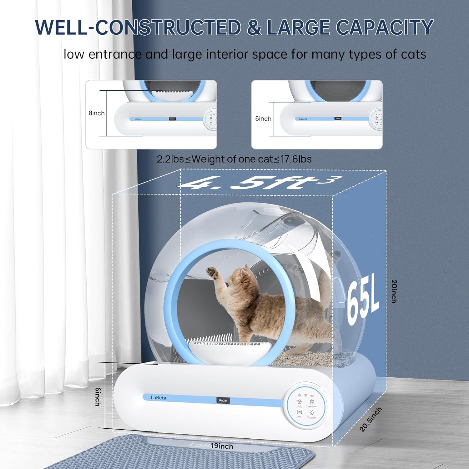 Automatic Cat Litter Box, 2024 Upgraded Automatic Cat Litter Box with Mat & Cleaning Tools, 68L+9L Large Capacity Litter Robot, Suitable for Multiple Cats, APP Control (Blue)