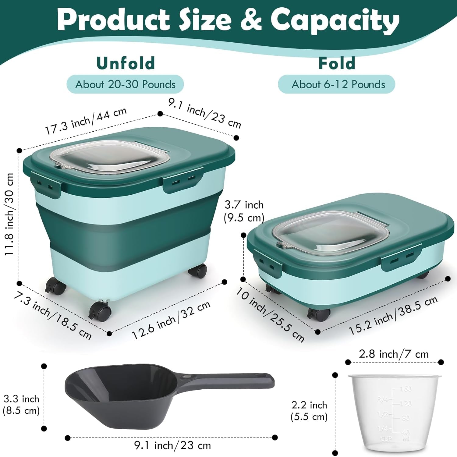 Dog Food Storage Container, 20-23Lbs Pet Food Container with Wheels, Scoop, Measuring Cup & Airtight Lids, Large Collapsible Travel Pet Dry Food Bin Keep Dog Treat Cat Food Bird Seed Fresh (Green)