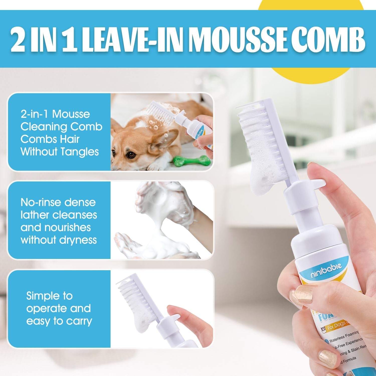 Waterless Cat Shampoo,Comb and Wash 2-In-1,No Rinsing Foam Comb,Detangling&Moisturizing,Removing Odors 3.5Oz