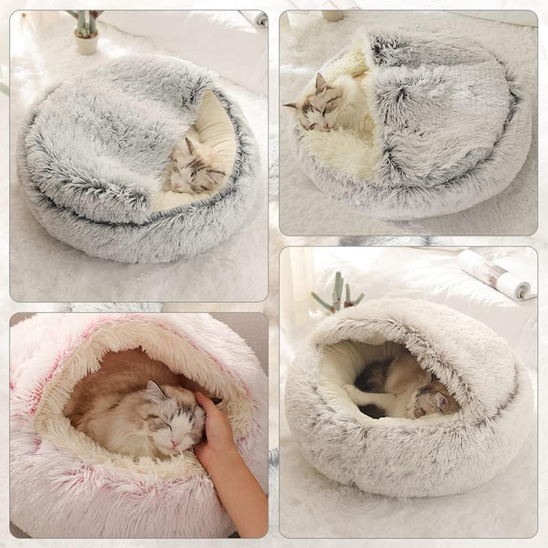 Cat Bed round Fluffy Hooded Cat Bed Cave, Anti-Anxiety Cave Bed with Hooded Blanket, Cozy Cuddler Luxury Puppy Pet Bed, Anti-Slip Bottom and Machine Washable (Dark Grey, Medium)