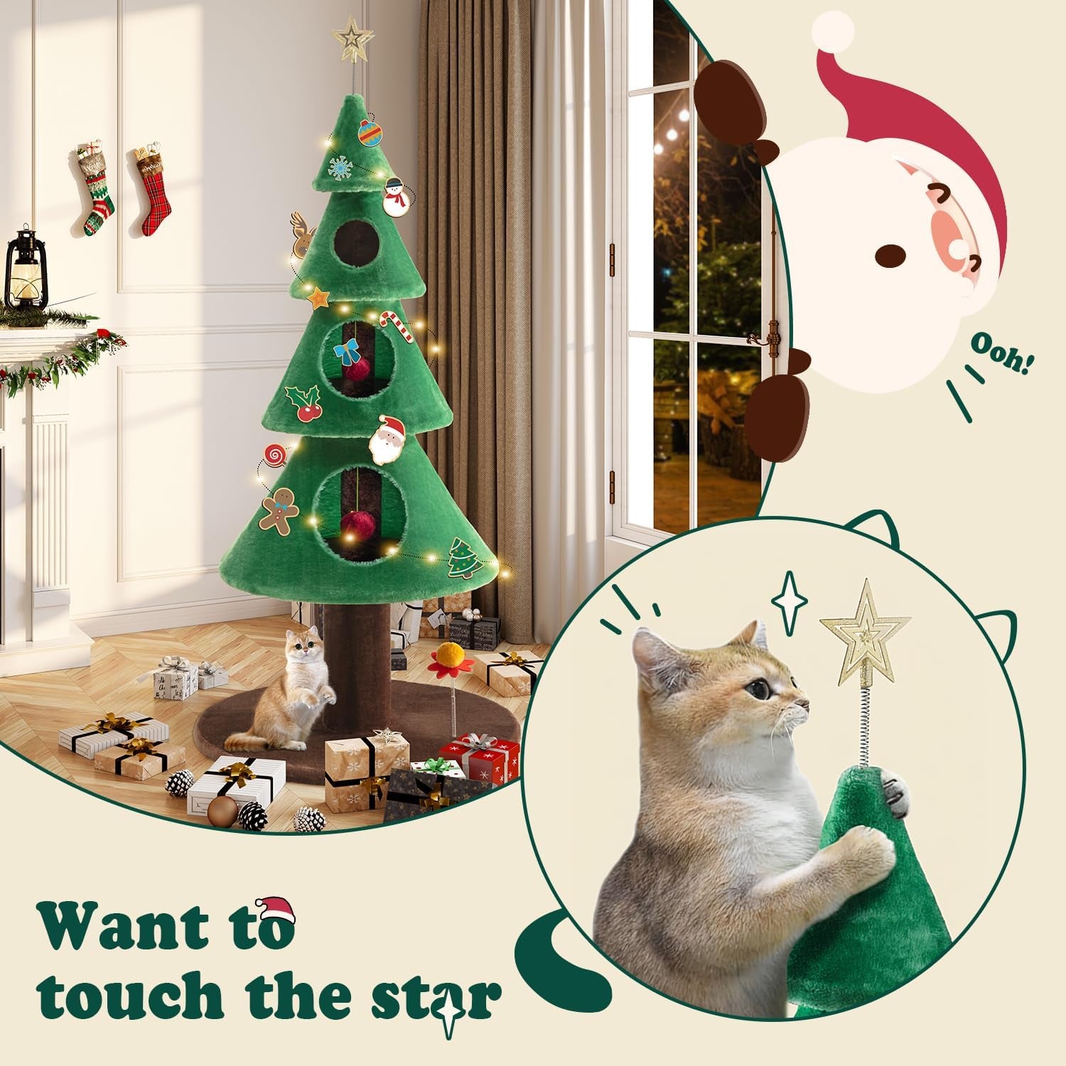 63 Inches Cat Tree for Indoor Cat/Cat Tower with 3 Condos/ 5Ft Cat Christmas Tree Party Decoration/Cat Activity Center Play House and Beds/Green