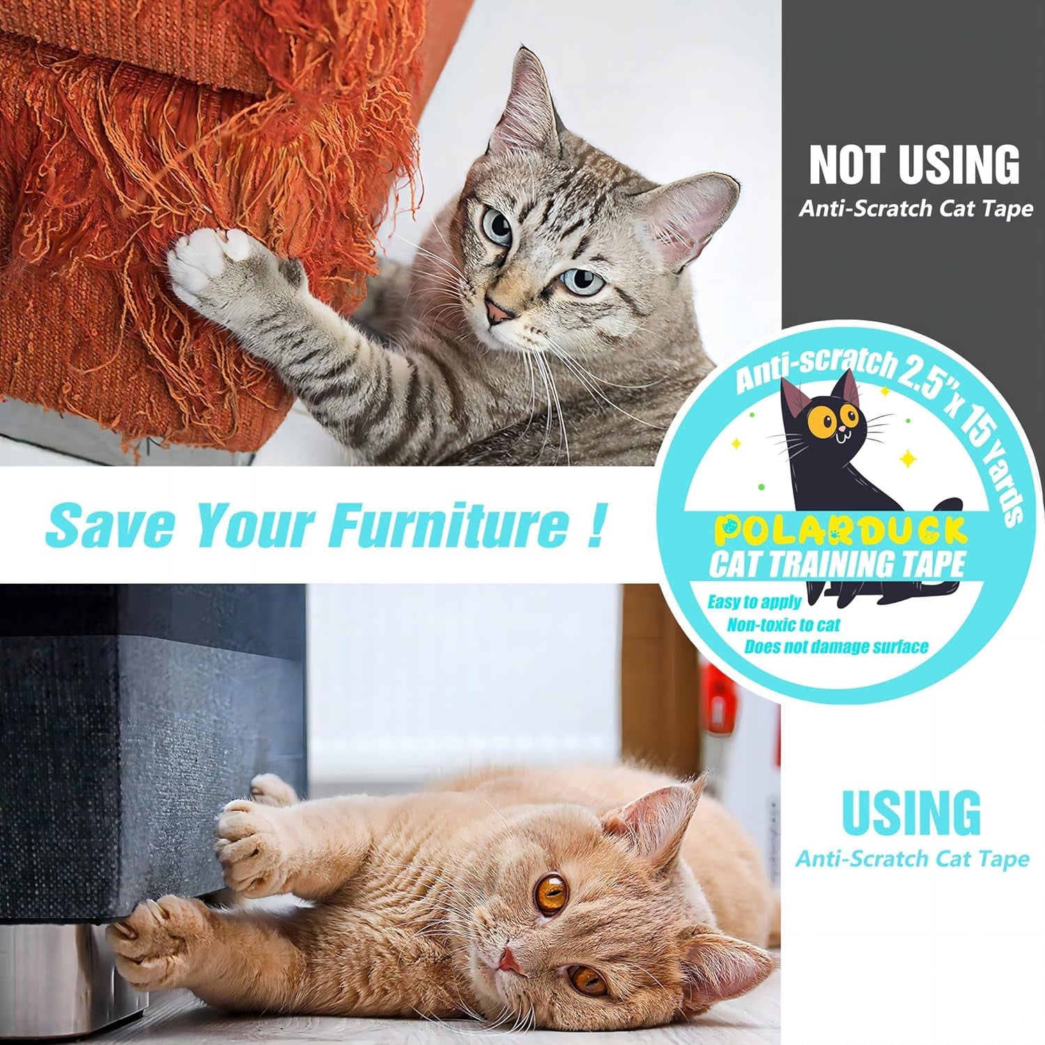 Anti Cat Scratch Tape, 2.5 Inches X 15 Yards Cat Training Tape, 100% Transparent Clear Double Sided Cat Scratch Deterrent Tape, Furniture Protector for Couch, Carpet, Doors, Pet & Kid Safe