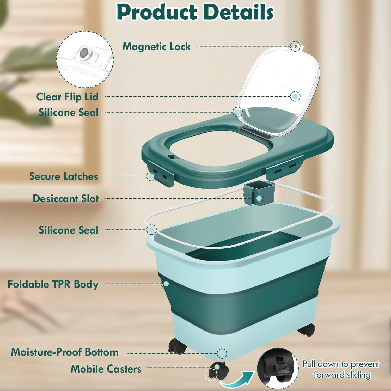 Dog Food Storage Container, 20-23Lbs Pet Food Container with Wheels, Scoop, Measuring Cup & Airtight Lids, Large Collapsible Travel Pet Dry Food Bin Keep Dog Treat Cat Food Bird Seed Fresh (Green)