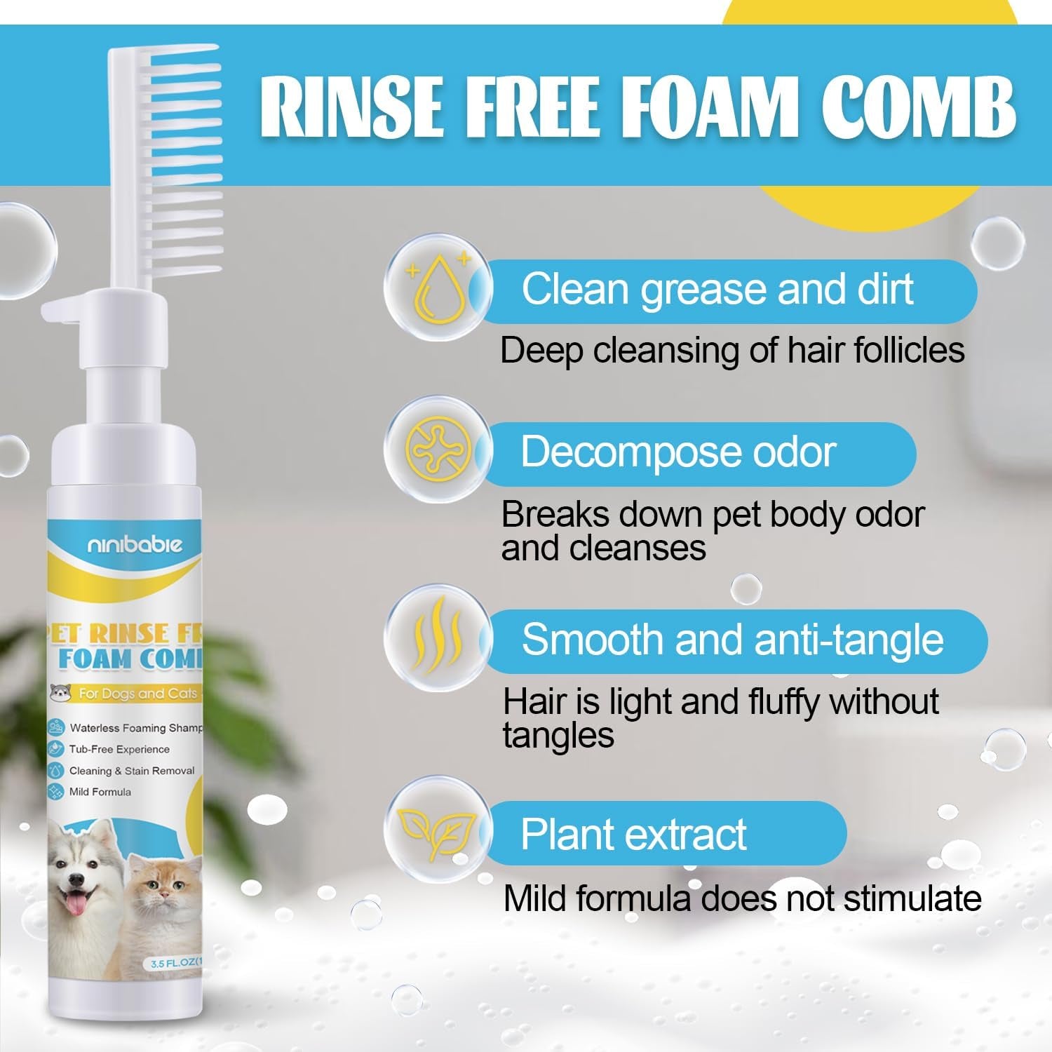 Waterless Cat Shampoo,Comb and Wash 2-In-1,No Rinsing Foam Comb,Detangling&Moisturizing,Removing Odors 3.5Oz