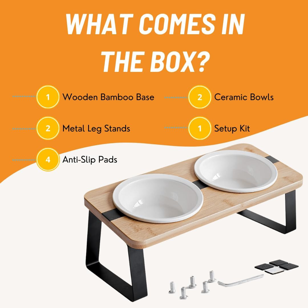 Elevated Cat Ceramic Bowls Stand for Food and Water, Small Dog, anti Vomit, Indoor Cats, Tilted Feeding Position, Full Bamboo Body Stand with Food Grade, Whisker Friendly Dish for Cats and Puppy