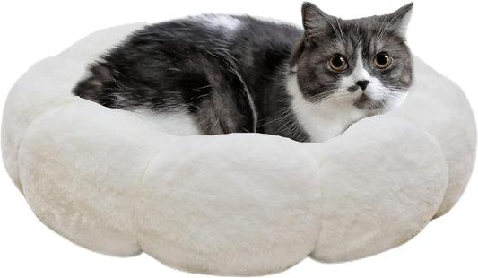 Cat Beds for Indoor Cats, Machine Washable Non-Skid, Fluffy Flower Cat Bed Cute, anti Anxiety Dog Beds for Toy Size Dogs, 20 * 20 Inches, Cream