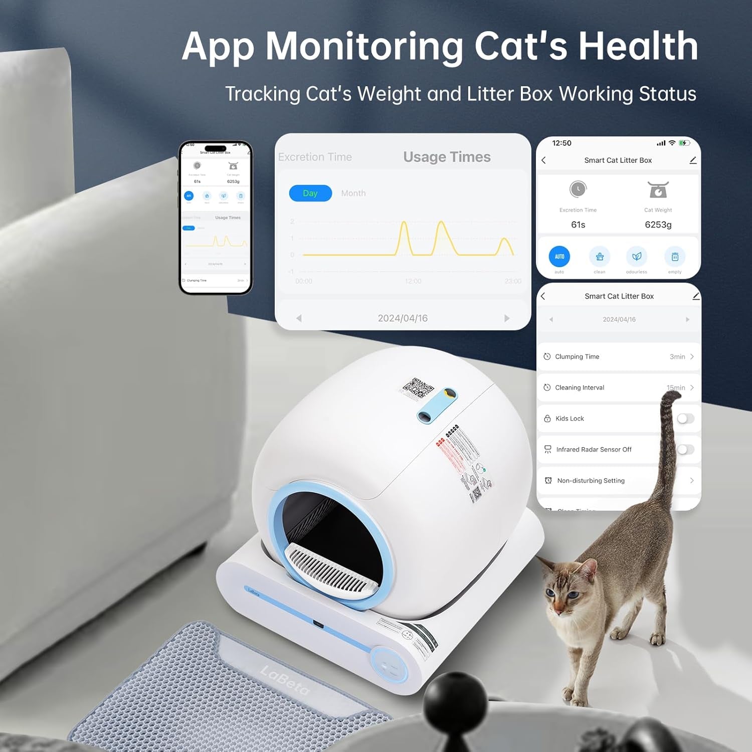 Automatic Cat Litter Box, 2024 Upgraded Automatic Cat Litter Box with Mat & Cleaning Tools, 68L+9L Large Capacity Litter Robot, Suitable for Multiple Cats, APP Control (Blue)