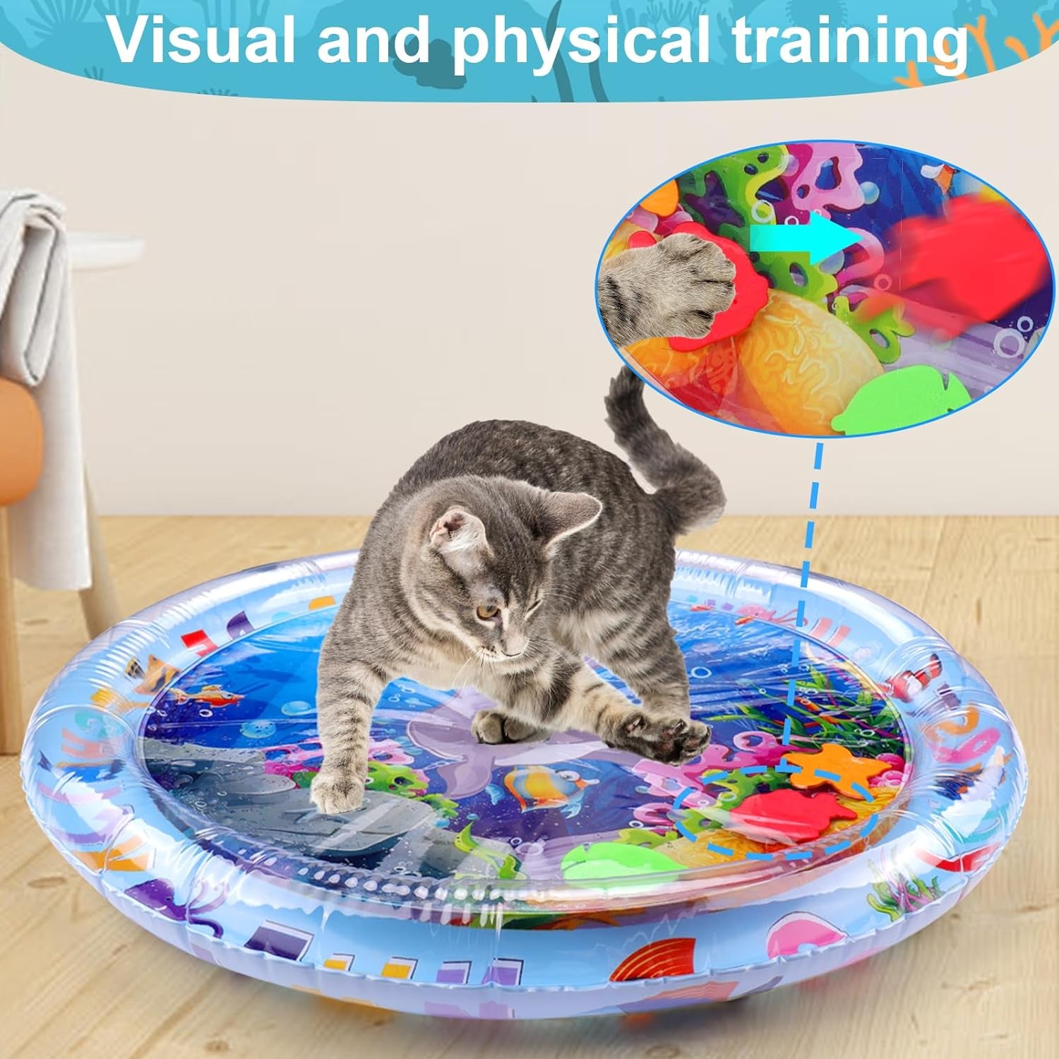 Thickened Water Sensory Play Mat for Cats, Cat Water Play Mat New Upgrade Cat Mat Toys for Bored Indoor Cats, Comes with Clipper and 5 Patches a Variety of Marine Elements（Rounded）