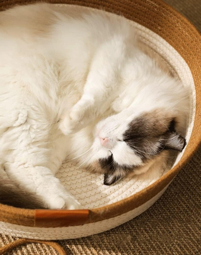 Cat Basket Bed, round Rattan Cat House for Indoor Cats, Cute Cat Cotton Rope Woven Basket Nest with Interactive Ball, Washable Winter Summer Use