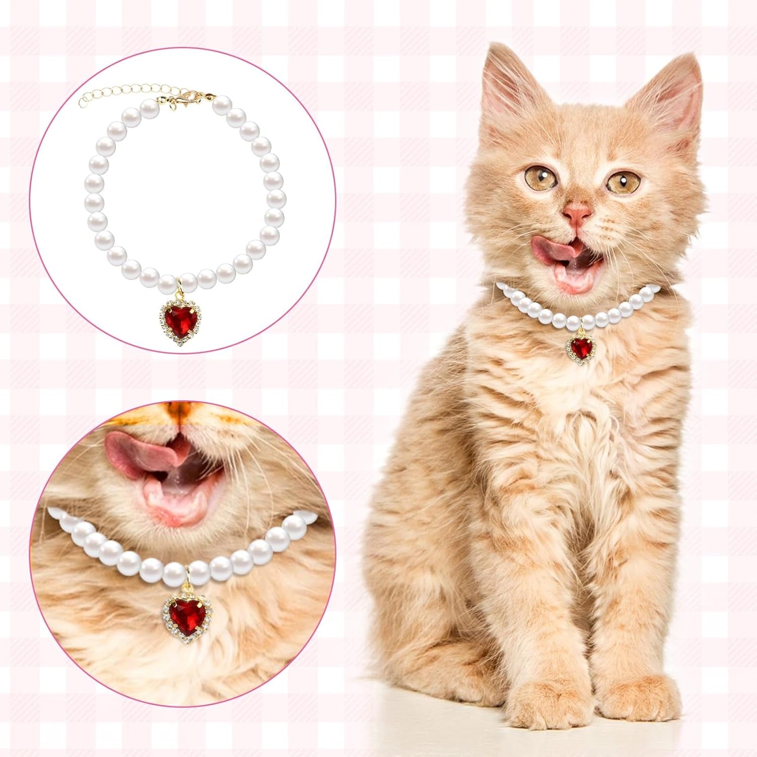 2 Pcs Pearl Cat Necklace Cat Collar with Rhinestone Heart Pet Jewelry Accessories Birthday Wedding Collar for Cats Puppy Dress Accessories (Blue, Red)