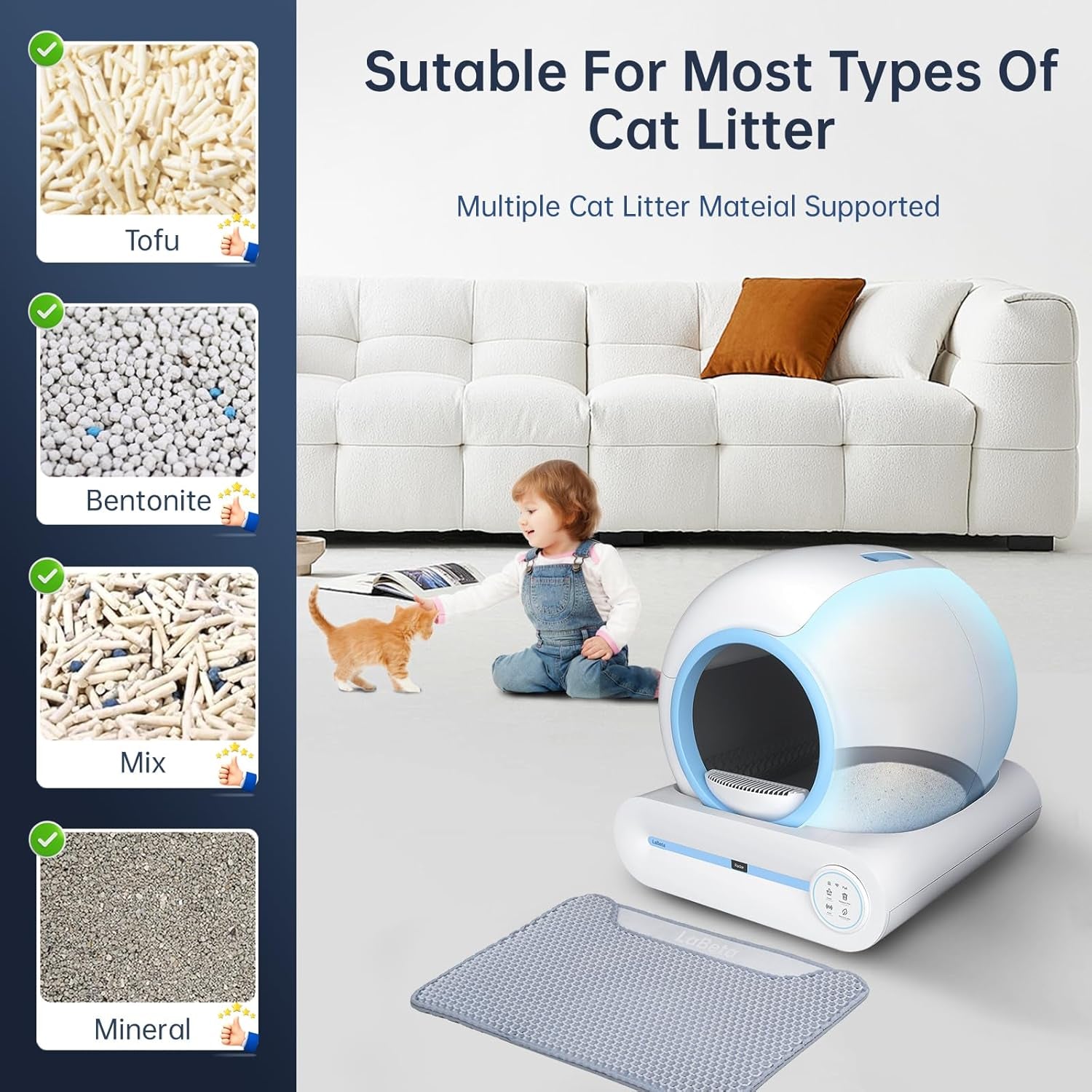Automatic Cat Litter Box, 2024 Upgraded Automatic Cat Litter Box with Mat & Cleaning Tools, 68L+9L Large Capacity Litter Robot, Suitable for Multiple Cats, APP Control (Blue)