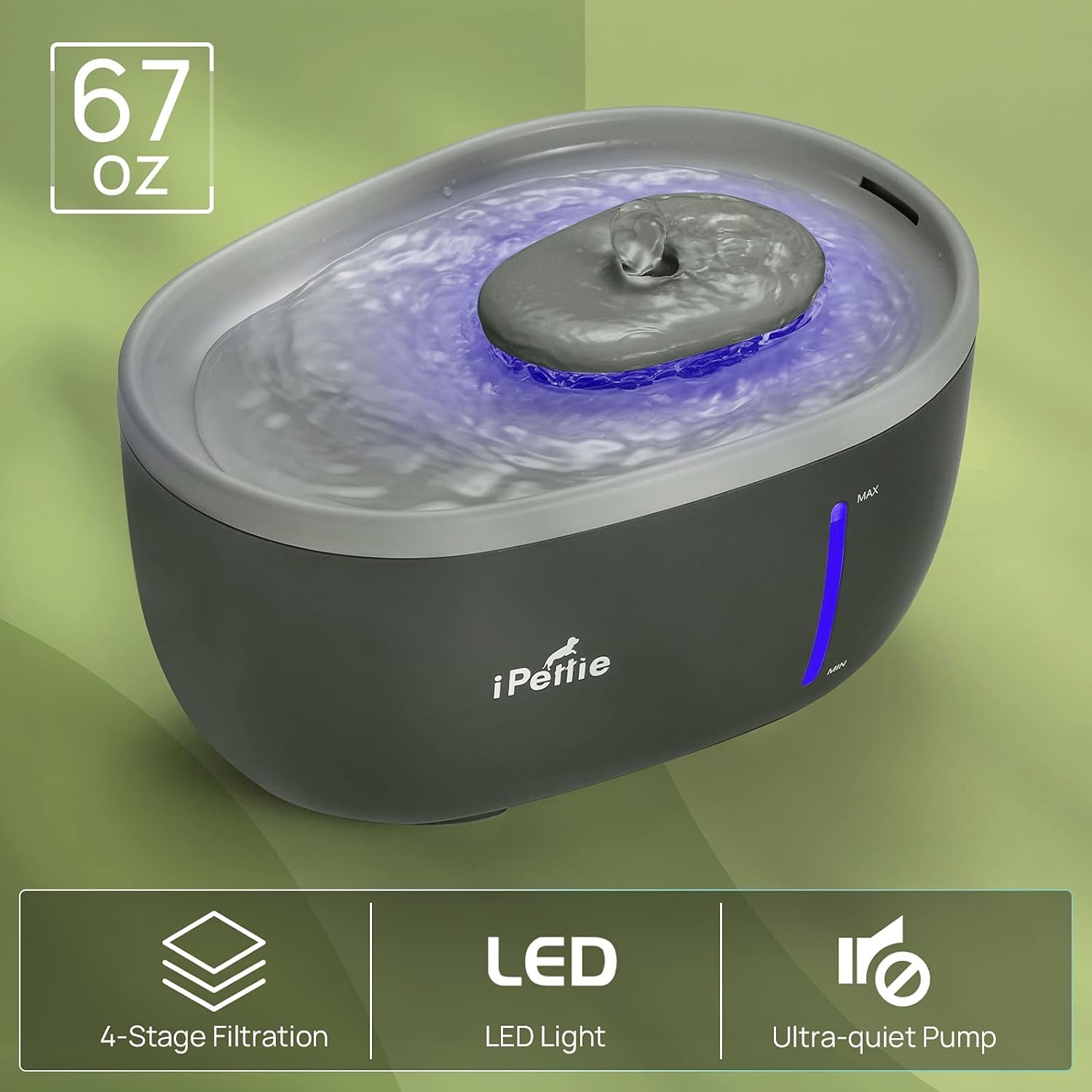 Avocado Pet Water Fountain with LED Light, 67Oz/2.0L, Ultra Quiet Cat Water Fountain with Filter, Automatic Pet Water Fountain for Cats and Small Dogs, Grey