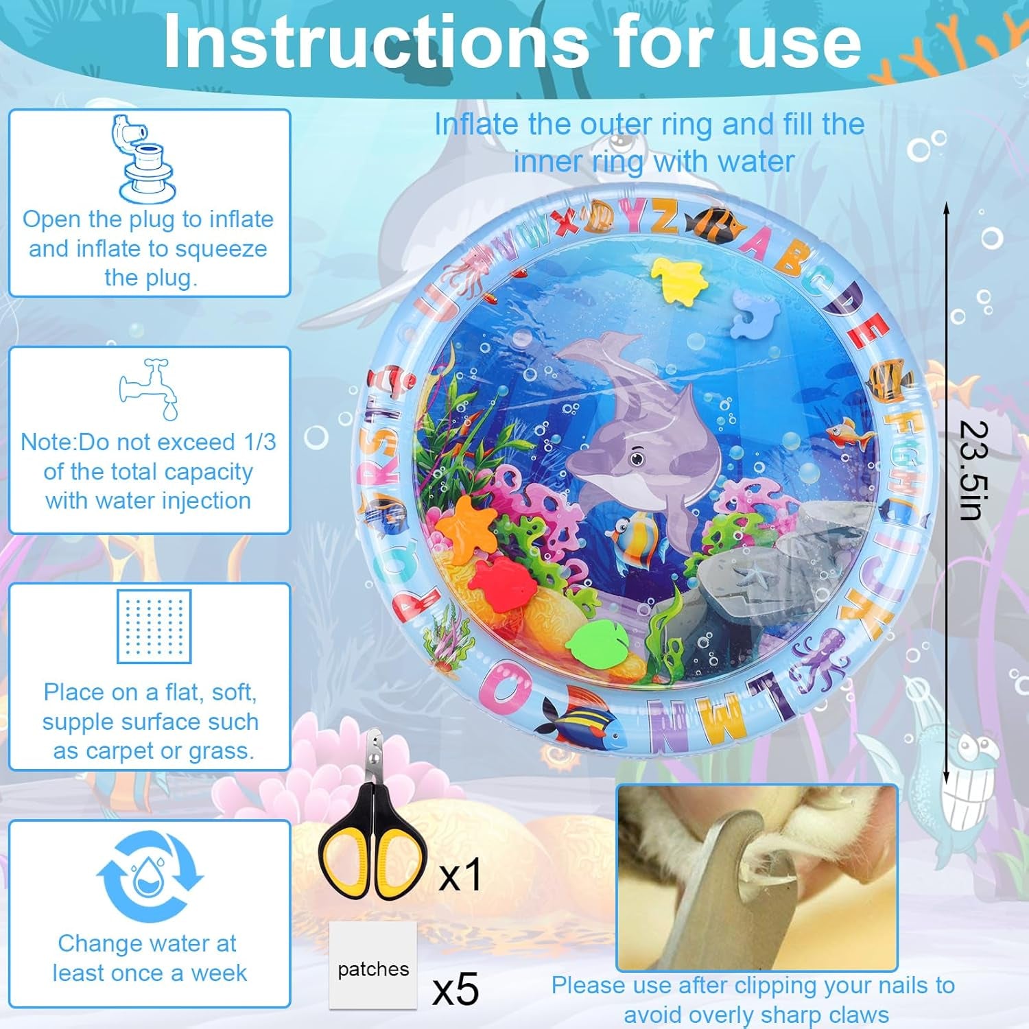 Thickened Water Sensory Play Mat for Cats, Cat Water Play Mat New Upgrade Cat Mat Toys for Bored Indoor Cats, Comes with Clipper and 5 Patches a Variety of Marine Elements（Rounded）