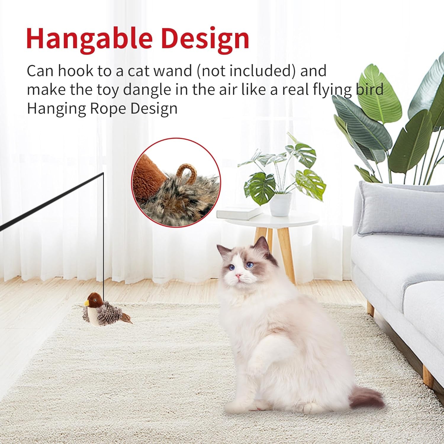 Chirping Bird Cat Toys Realistic Bird Plush Toy - Perfect Melody Chaser Cat Toys for Bored Indoor Adult Cats - Includes Hanging Loop for Cat Dancer and Interactive Play