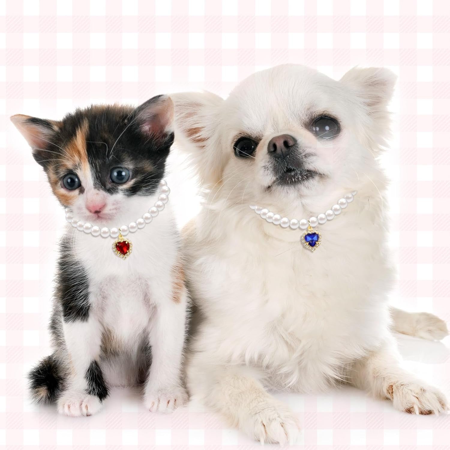2 Pcs Pearl Cat Necklace Cat Collar with Rhinestone Heart Pet Jewelry Accessories Birthday Wedding Collar for Cats Puppy Dress Accessories (Blue, Red)