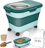 Dog Food Storage Container, 20-23Lbs Pet Food Container with Wheels, Scoop, Measuring Cup & Airtight Lids, Large Collapsible Travel Pet Dry Food Bin Keep Dog Treat Cat Food Bird Seed Fresh (Green)