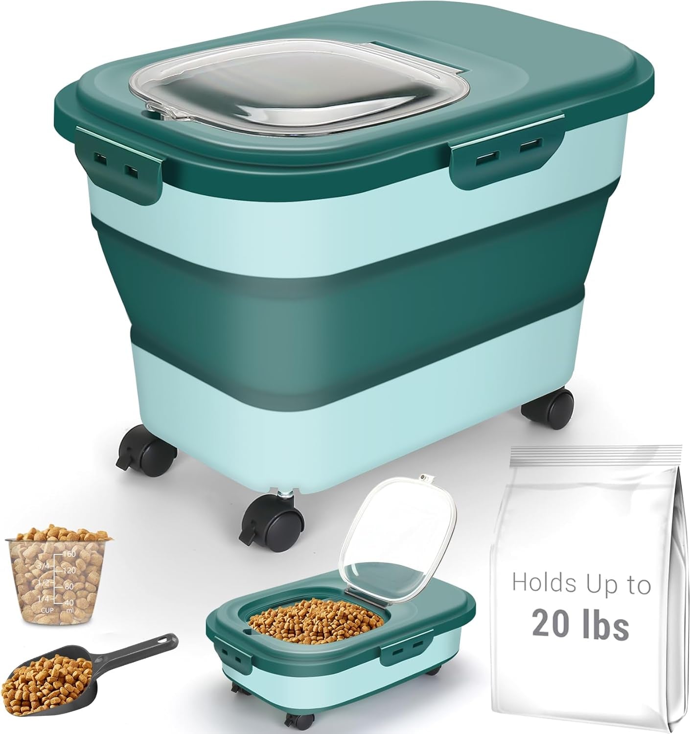 Dog Food Storage Container, 20-23Lbs Pet Food Container with Wheels, Scoop, Measuring Cup & Airtight Lids, Large Collapsible Travel Pet Dry Food Bin Keep Dog Treat Cat Food Bird Seed Fresh (Green)