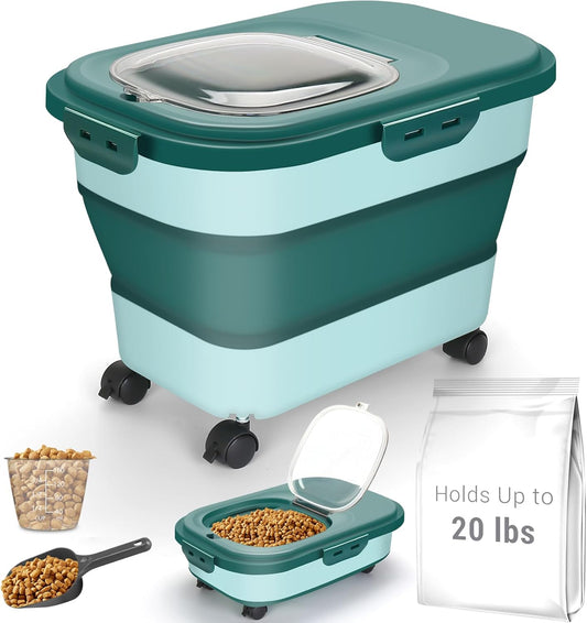 Dog Food Storage Container, 20-23Lbs Pet Food Container with Wheels, Scoop, Measuring Cup & Airtight Lids, Large Collapsible Travel Pet Dry Food Bin Keep Dog Treat Cat Food Bird Seed Fresh (Green)