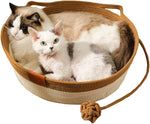 Cat Basket Bed, round Rattan Cat House for Indoor Cats, Cute Cat Cotton Rope Woven Basket Nest with Interactive Ball, Washable Winter Summer Use