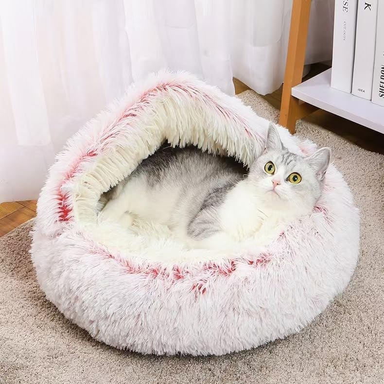 Cat Bed round Fluffy Hooded Cat Bed Cave, Anti-Anxiety Cave Bed with Hooded Blanket, Cozy Cuddler Luxury Puppy Pet Bed, Anti-Slip Bottom and Machine Washable (Dark Grey, Medium)