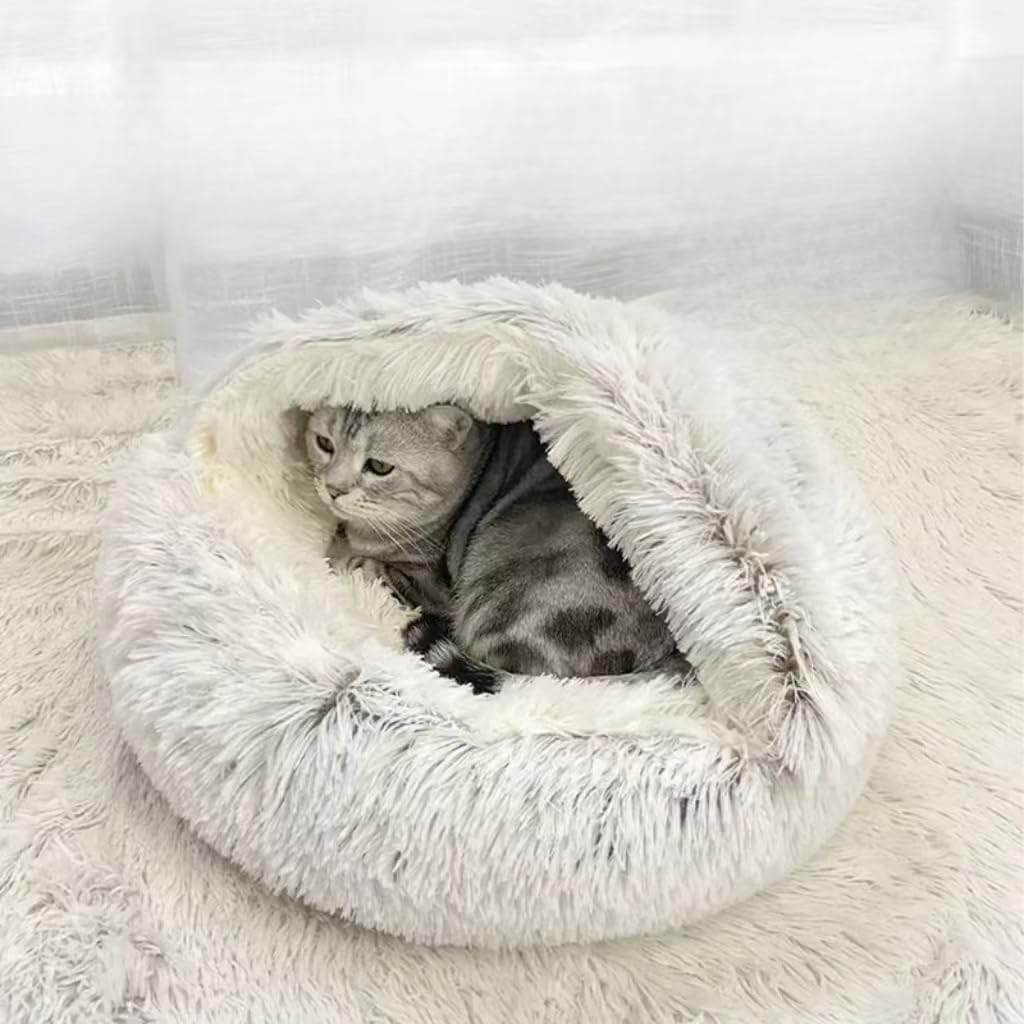 Cat Bed round Fluffy Hooded Cat Bed Cave, Anti-Anxiety Cave Bed with Hooded Blanket, Cozy Cuddler Luxury Puppy Pet Bed, Anti-Slip Bottom and Machine Washable (Dark Grey, Medium)