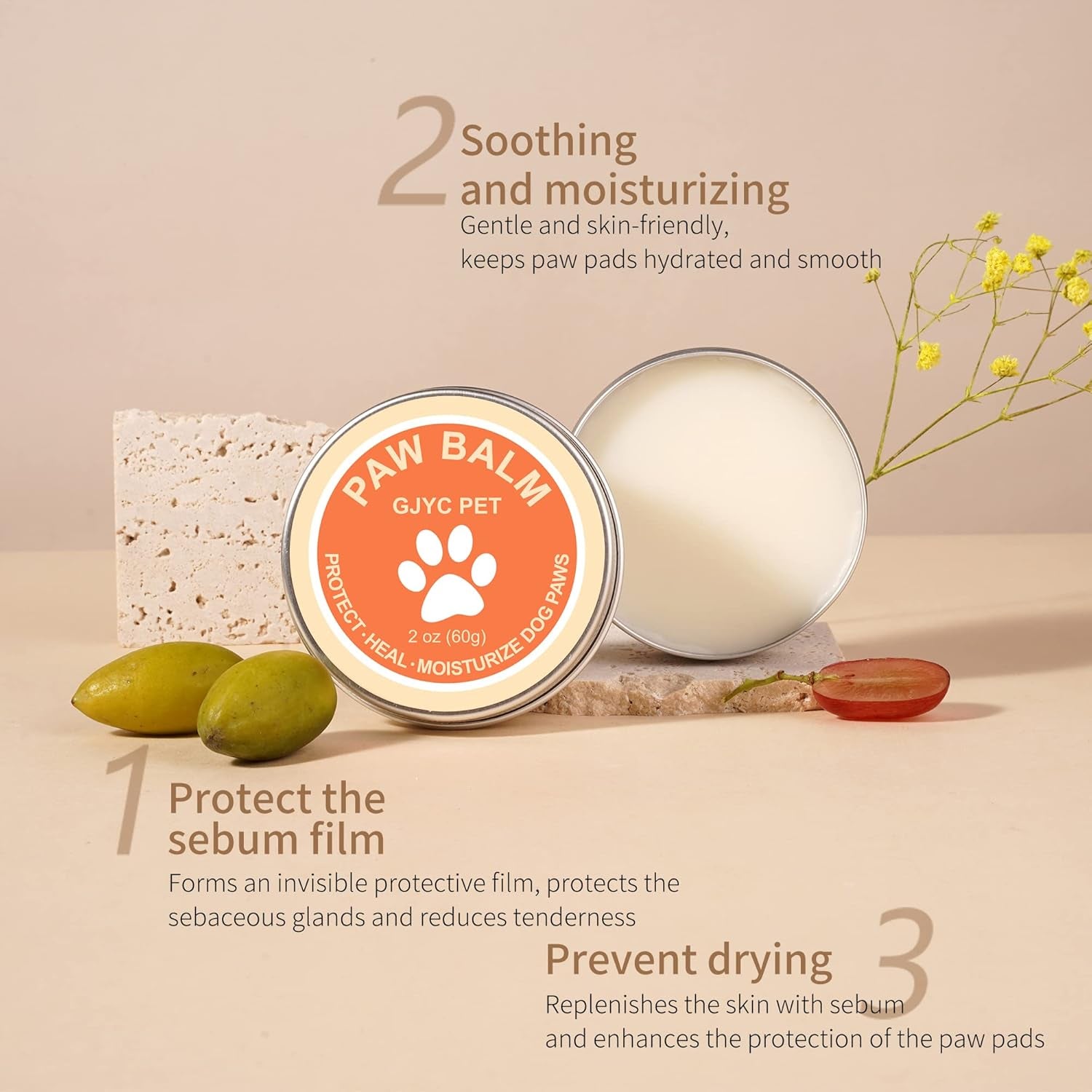 2 Oz (60G) Natural Dog Paw Balm - Organic Lickable Moisturizing Cream for Paws, Snout & Elbows | Heals Dry, Cracked Skin | Vitamin E & Food-Grade Ingredients