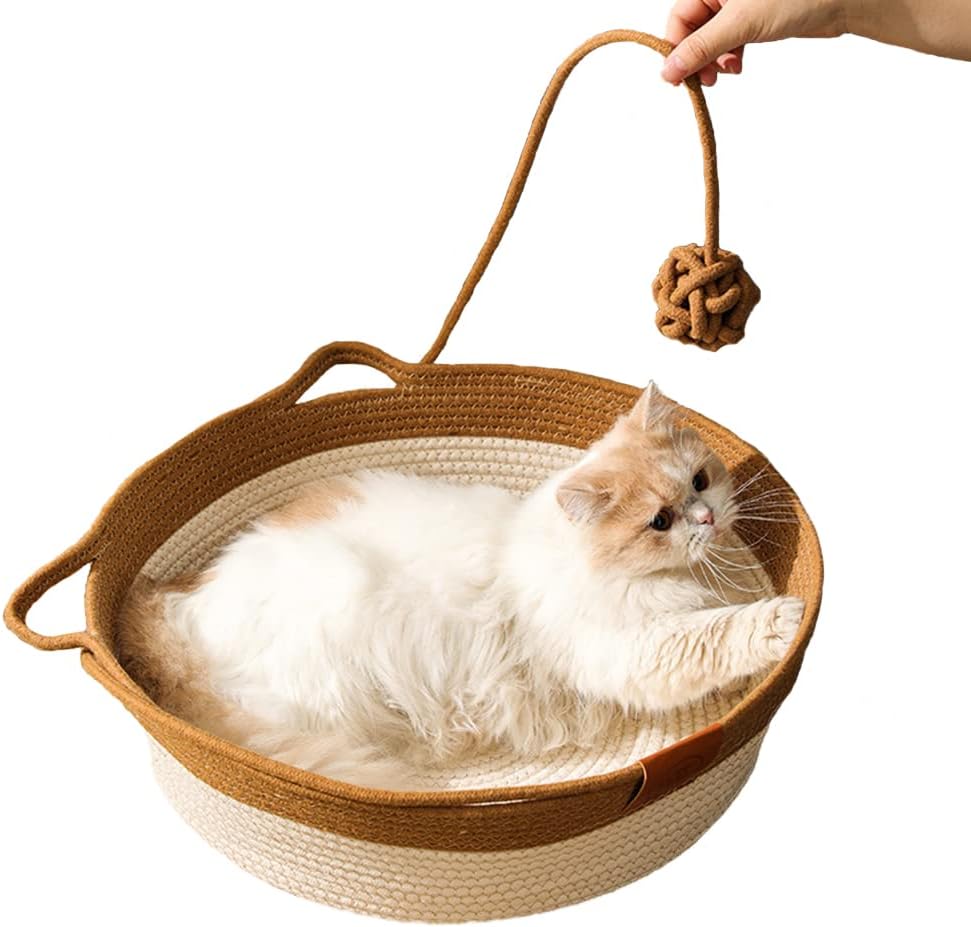 Cat Basket Bed, round Rattan Cat House for Indoor Cats, Cute Cat Cotton Rope Woven Basket Nest with Interactive Ball, Washable Winter Summer Use