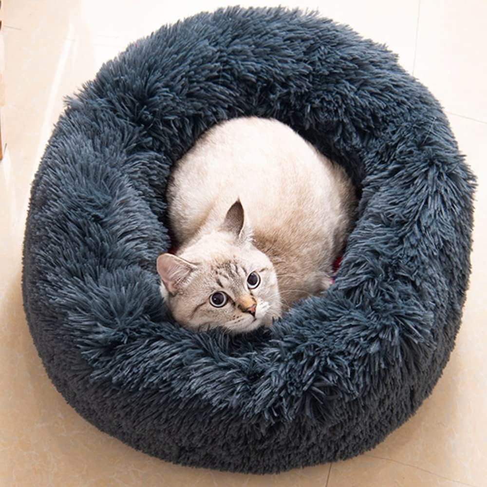 Cat Beds for Indoor Cats - Cat Bed Washable 20/24 Inches, Dog Beds for Small Medium Dogs, anti Anxiety round Fluffy Plush Faux Fur Cat Bed, Thick Bottom (Light Grey, Medium)