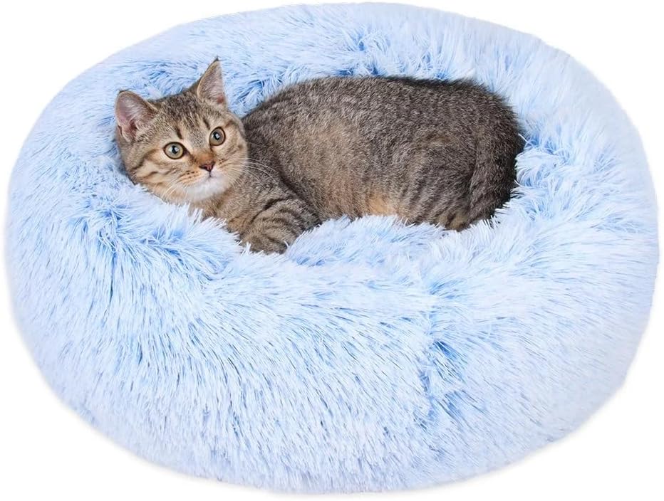 Cat Beds for Indoor Cats - Cat Bed Washable 20/24 Inches, Dog Beds for Small Medium Dogs, anti Anxiety round Fluffy Plush Faux Fur Cat Bed, Thick Bottom (Light Grey, Medium)