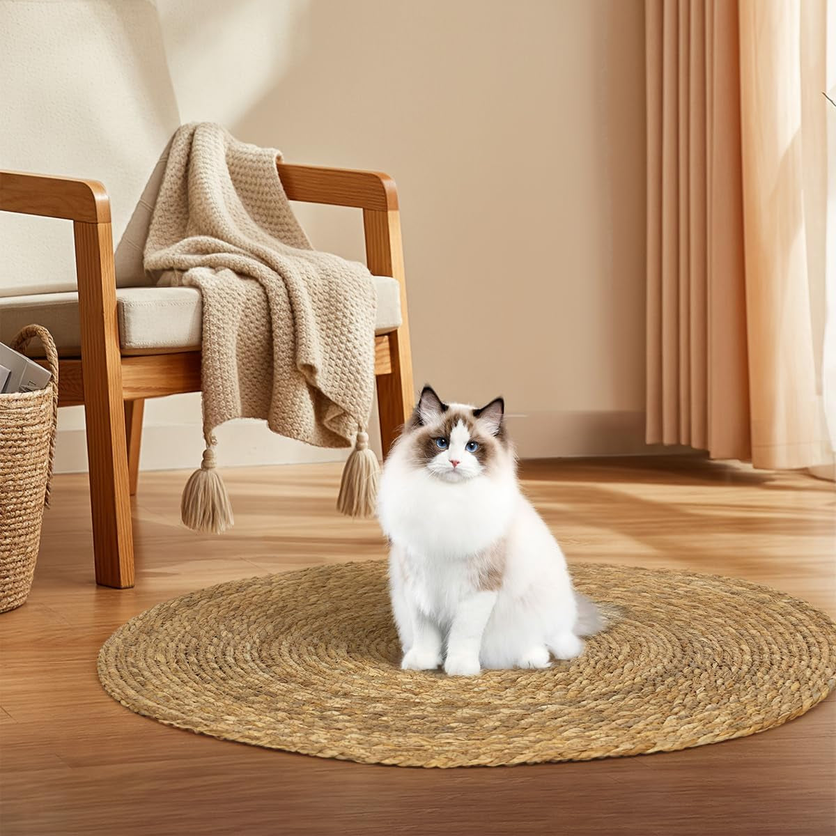 Cat Scratcher Mat, Floor Cat Scratching Mat, Natural Cat Scratch Pad, Pets Scratch Carpet, round Cattail Grass Cat Scratcher Mat, Indoor Cat Scratching Mats, 23.6×23.6 Inch