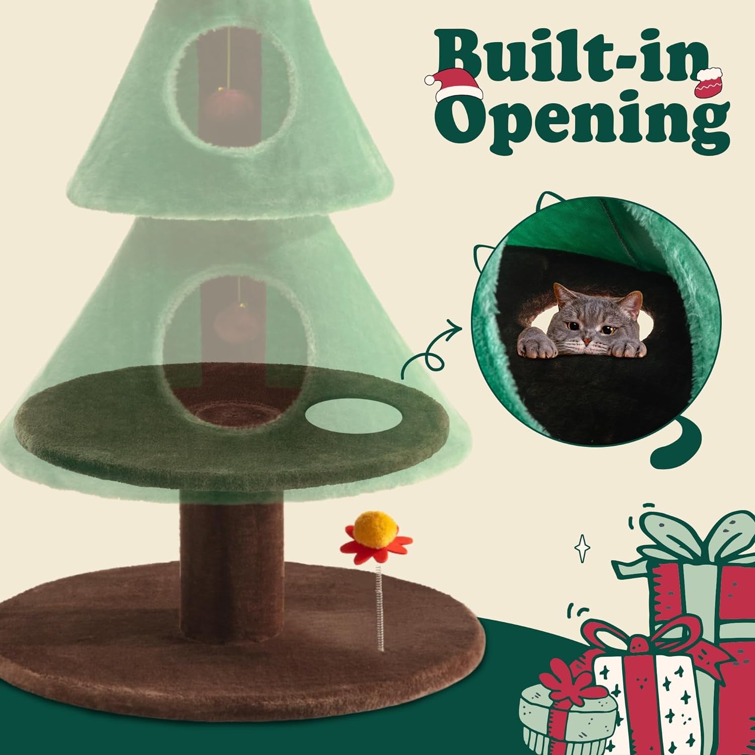 63 Inches Cat Tree for Indoor Cat/Cat Tower with 3 Condos/ 5Ft Cat Christmas Tree Party Decoration/Cat Activity Center Play House and Beds/Green