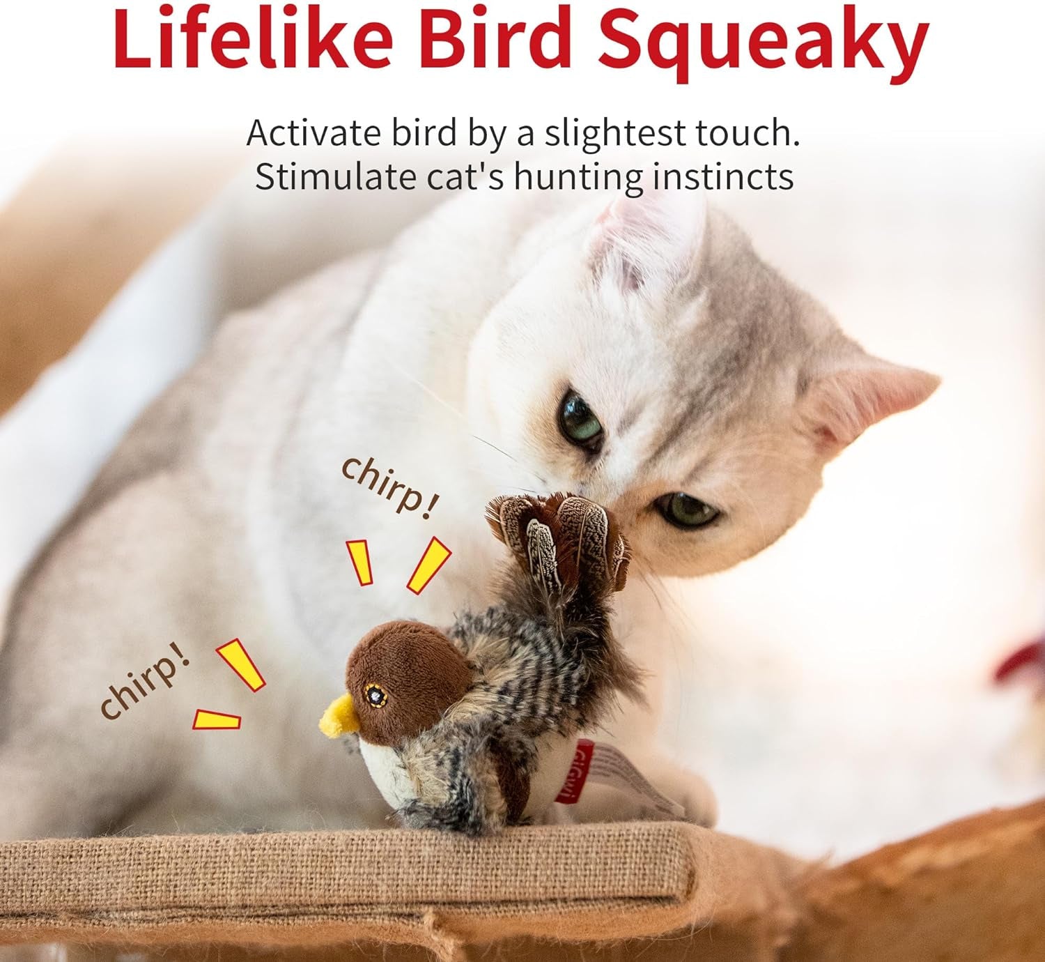 Chirping Bird Cat Toys Realistic Bird Plush Toy - Perfect Melody Chaser Cat Toys for Bored Indoor Adult Cats - Includes Hanging Loop for Cat Dancer and Interactive Play