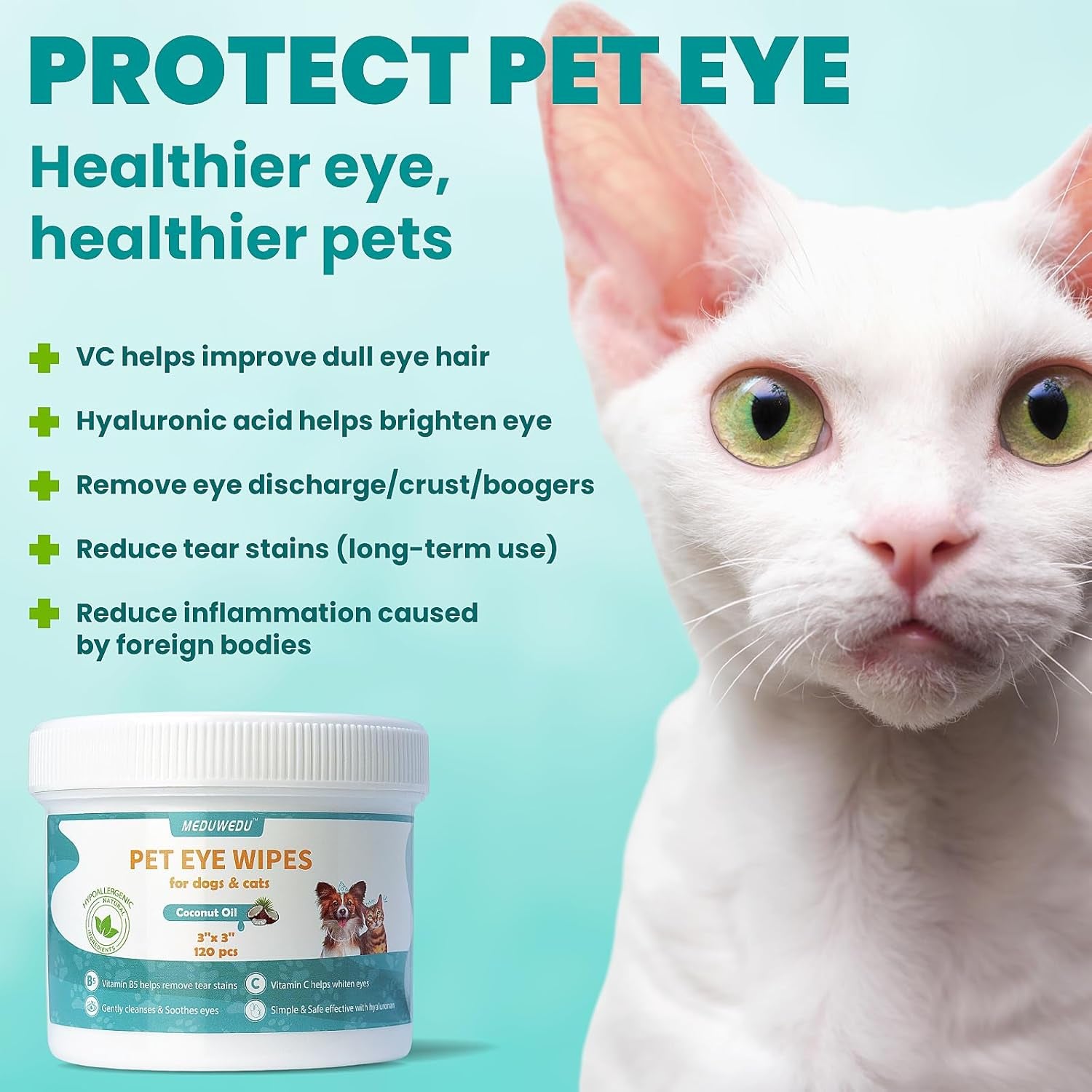 Eyes Wipes for Dogs & Cats 120 Counts, Grooming Kit Care for Dogs and Cats, Gently Remove Tear Stain, Eye Debris, Discharge, Mucus Secretions, Coconut Scent