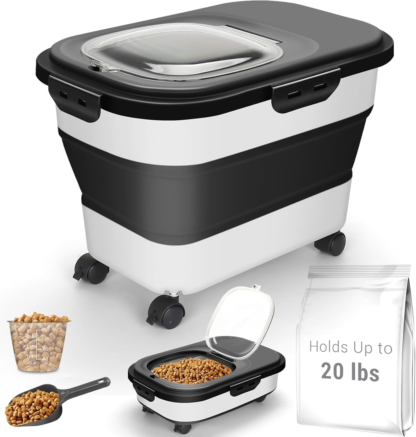 Dog Food Storage Container, 20-23Lbs Pet Food Container with Wheels, Scoop, Measuring Cup & Airtight Lids, Large Collapsible Travel Pet Dry Food Bin Keep Dog Treat Cat Food Bird Seed Fresh (Green)