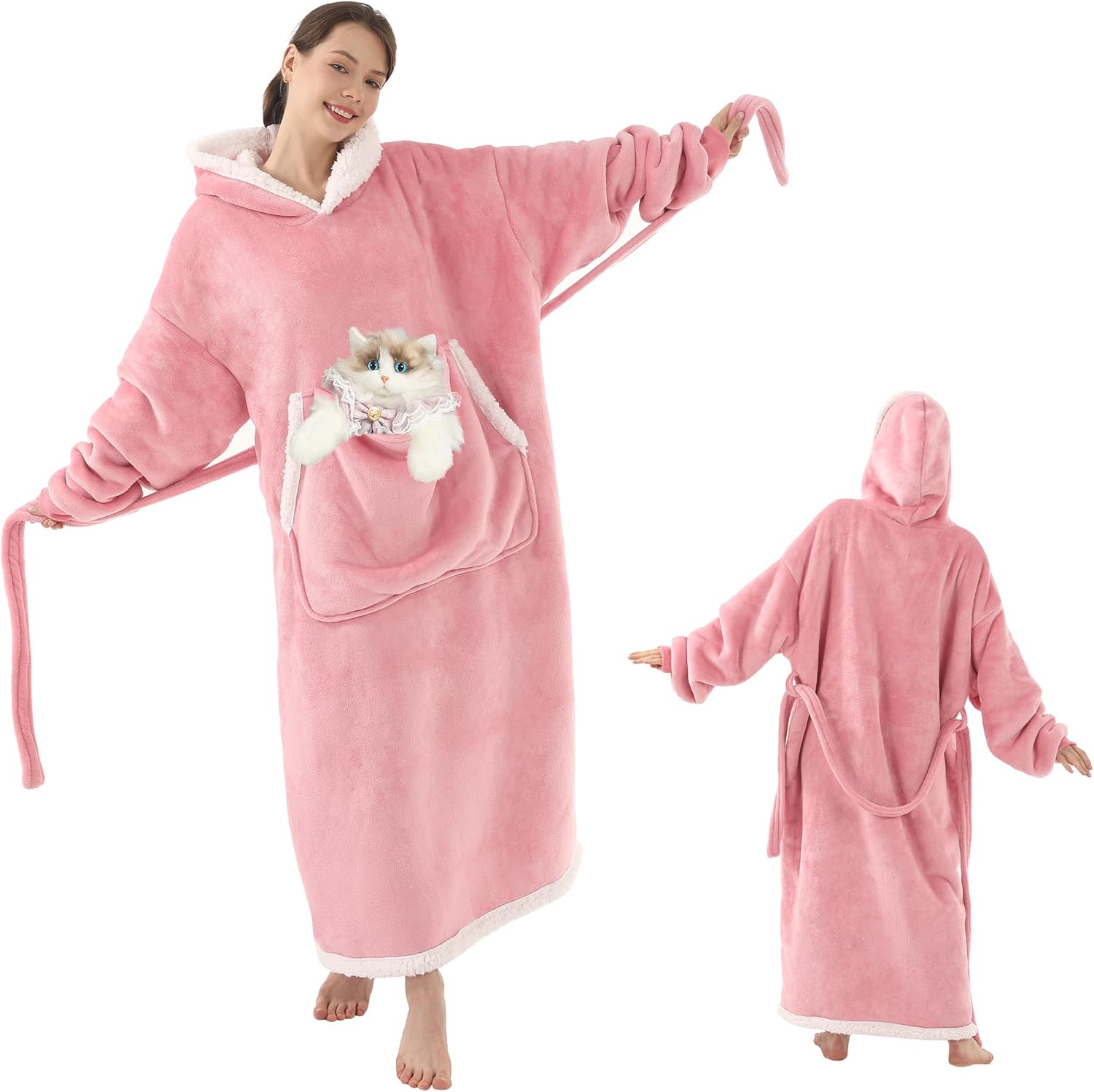 Wearable Blanket Hoodie with Cat Pouch, Oversized Hooded Sweatshirt Blanket Robe for Women, Gift for Cat Lover Women Mom Dad