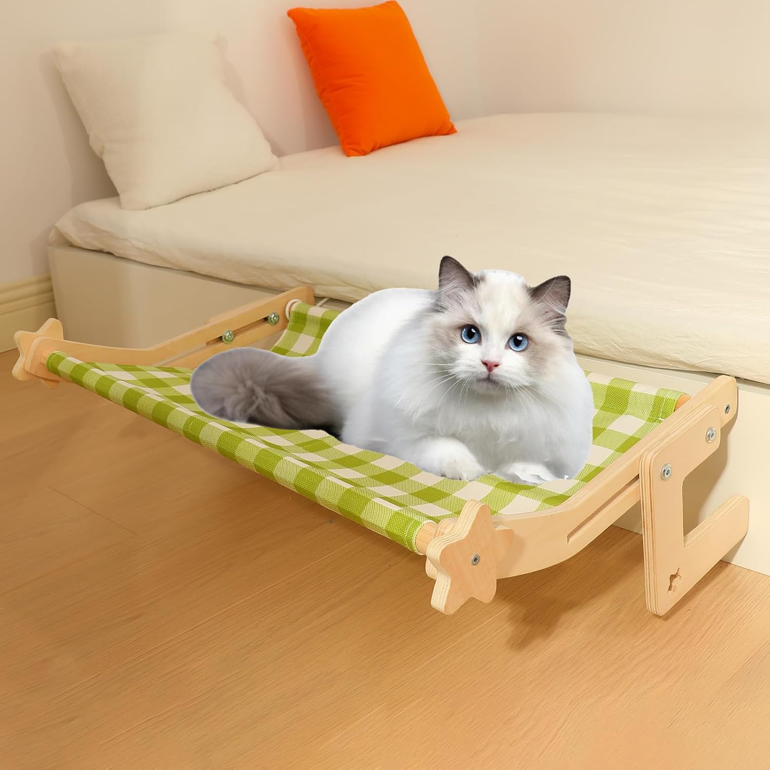 Cat Window Perch, Cat Window Bed&Seat for Large Indoor Cats Inside, Easy to Adjust&Assemble Cat Bedside Hammock for Windowsill, Bedside and Drawer (Pink Plaid, Large)
