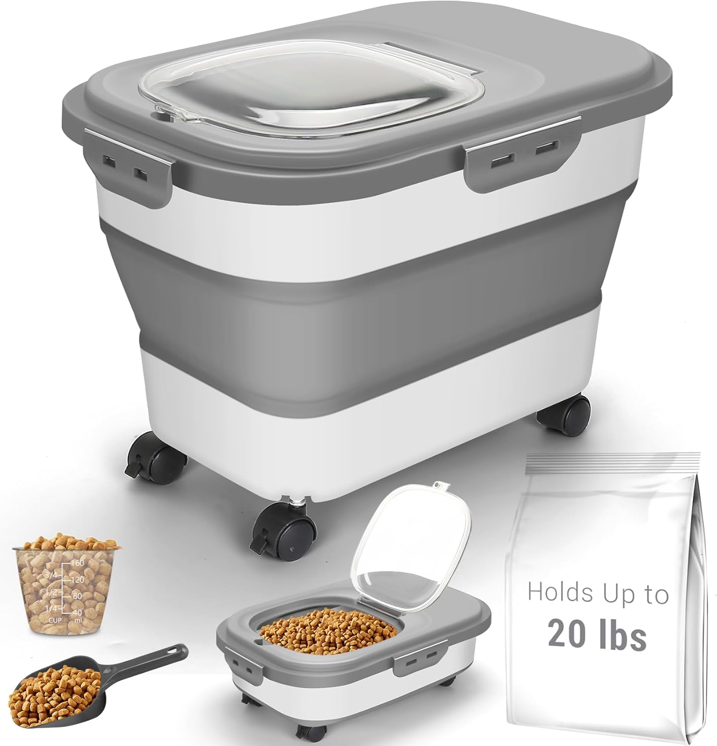 Dog Food Storage Container, 20-23Lbs Pet Food Container with Wheels, Scoop, Measuring Cup & Airtight Lids, Large Collapsible Travel Pet Dry Food Bin Keep Dog Treat Cat Food Bird Seed Fresh (Green)