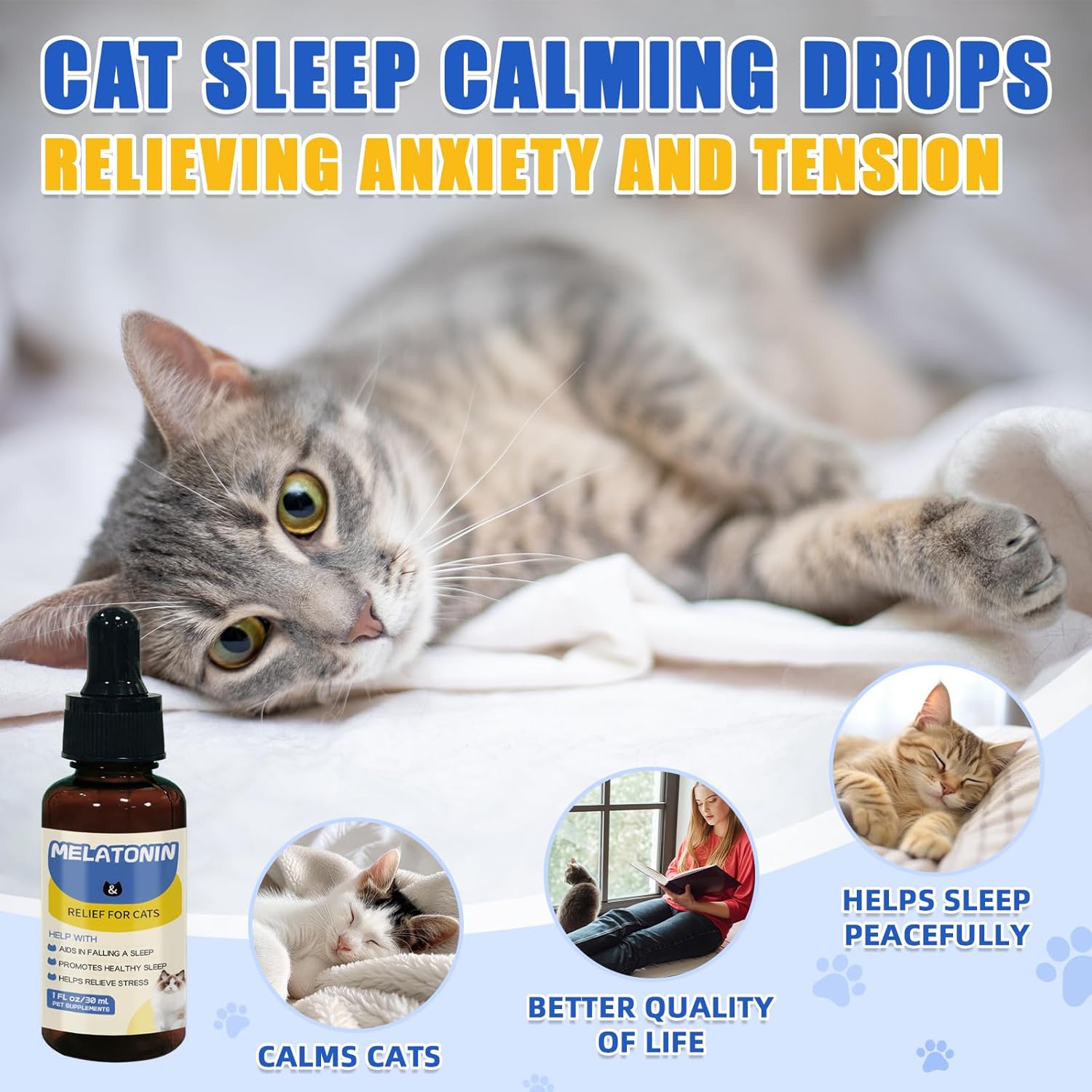 Cat Melatonin Supplement for Sleep Support and Anxiety Relief - Promotes Restful Sleep and Eases Separation Anxiety in Cats