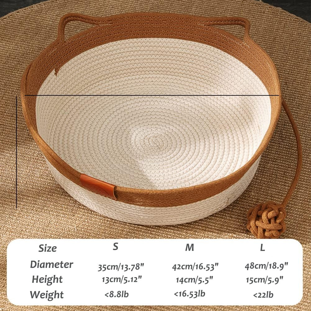 Cat Basket Bed, round Rattan Cat House for Indoor Cats, Cute Cat Cotton Rope Woven Basket Nest with Interactive Ball, Washable Winter Summer Use