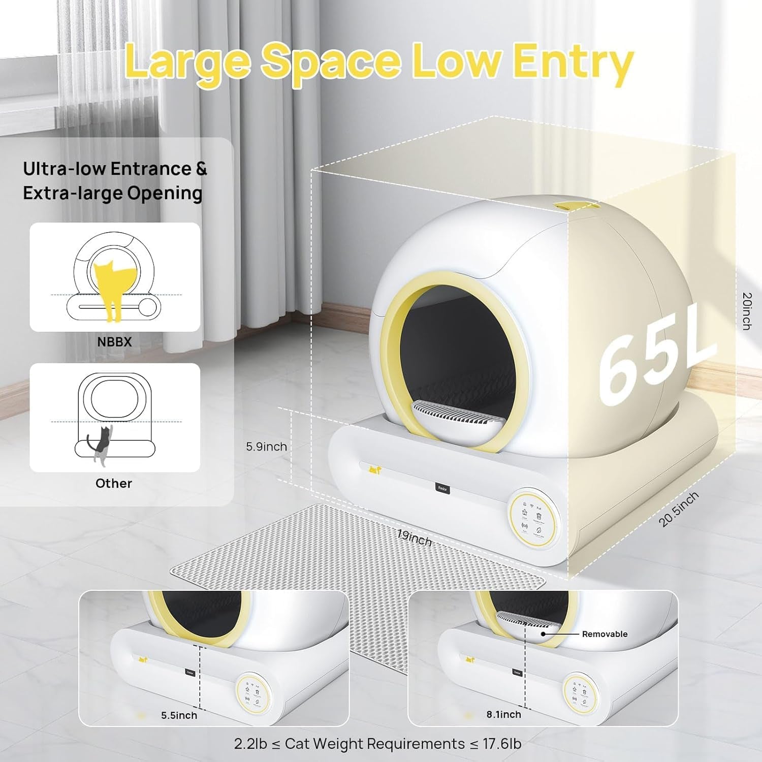 Automatic Cat Litter Box Self Cleaning, Smart Kitty Litter Box Automated Cleaning with APP Control, Low Entry Odorless Electric Litter Box Litter Robot for Multiple Cats