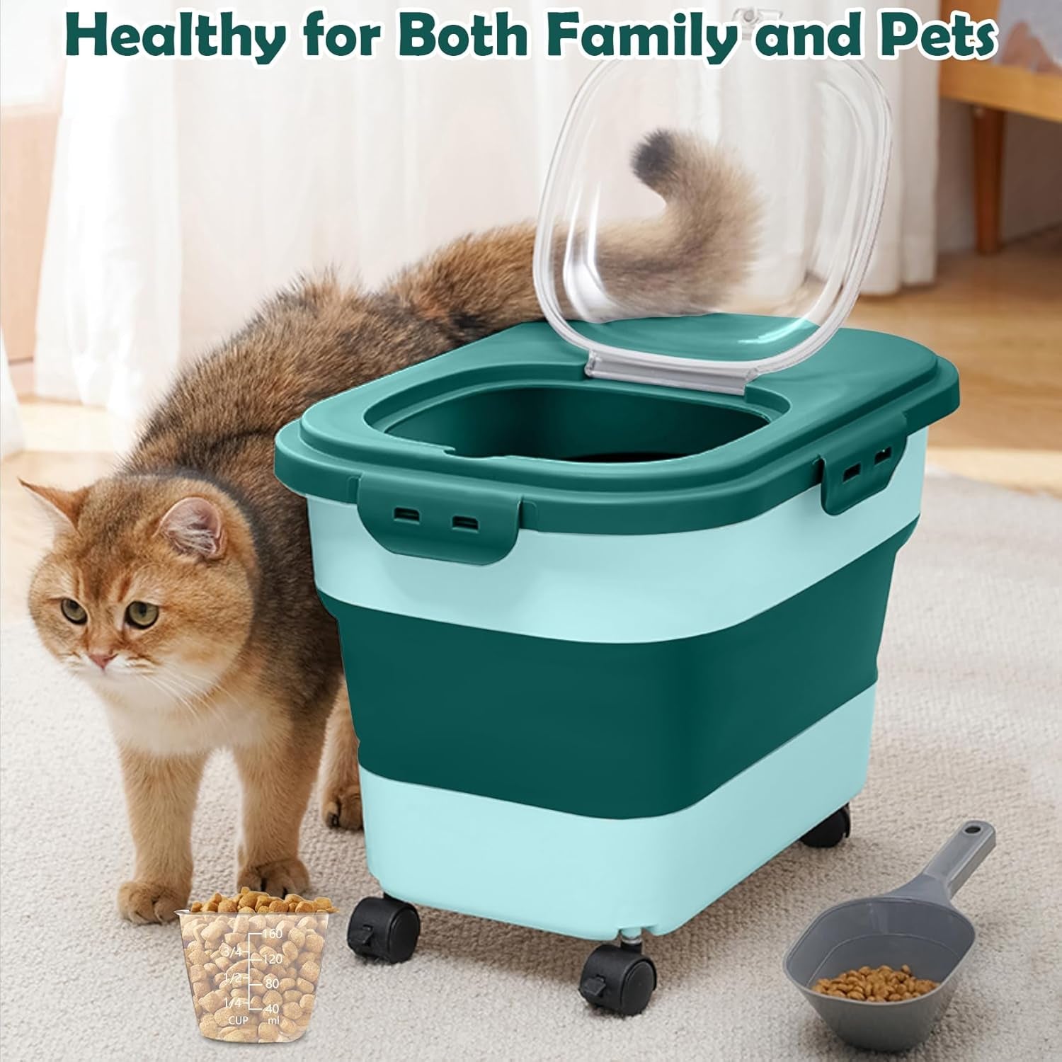 Dog Food Storage Container, 20-23Lbs Pet Food Container with Wheels, Scoop, Measuring Cup & Airtight Lids, Large Collapsible Travel Pet Dry Food Bin Keep Dog Treat Cat Food Bird Seed Fresh (Green)