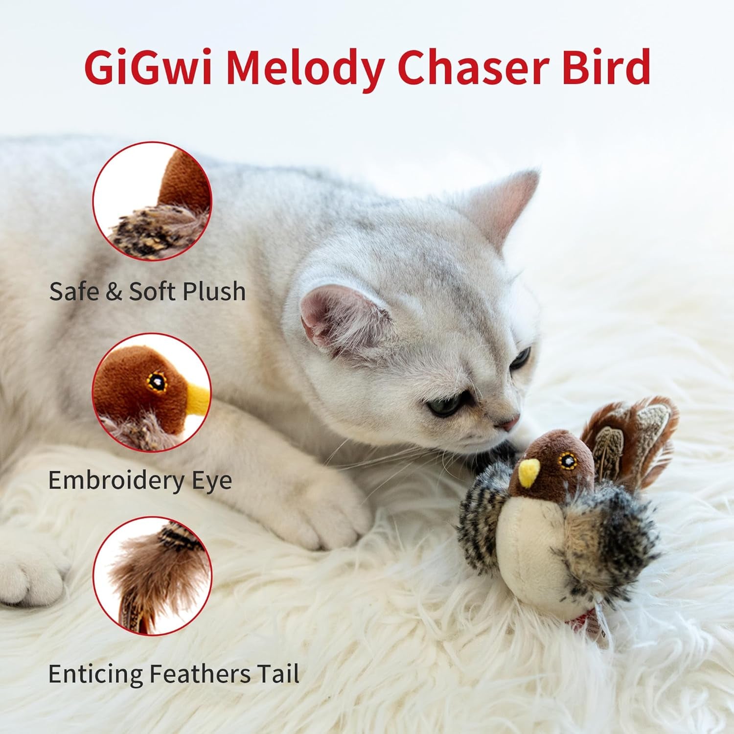 Chirping Bird Cat Toys Realistic Bird Plush Toy - Perfect Melody Chaser Cat Toys for Bored Indoor Adult Cats - Includes Hanging Loop for Cat Dancer and Interactive Play