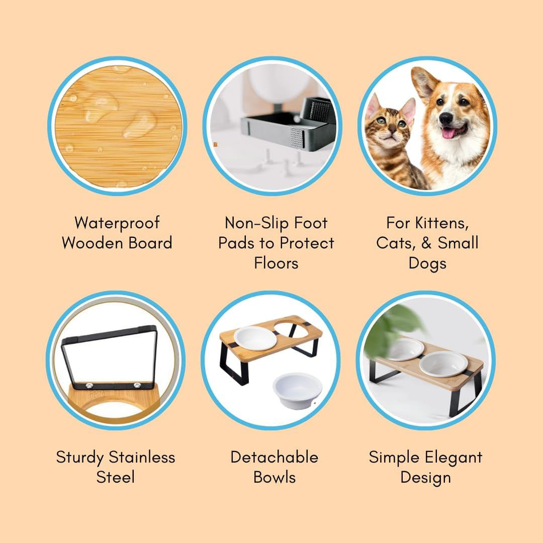 Elevated Cat Ceramic Bowls Stand for Food and Water, Small Dog, anti Vomit, Indoor Cats, Tilted Feeding Position, Full Bamboo Body Stand with Food Grade, Whisker Friendly Dish for Cats and Puppy