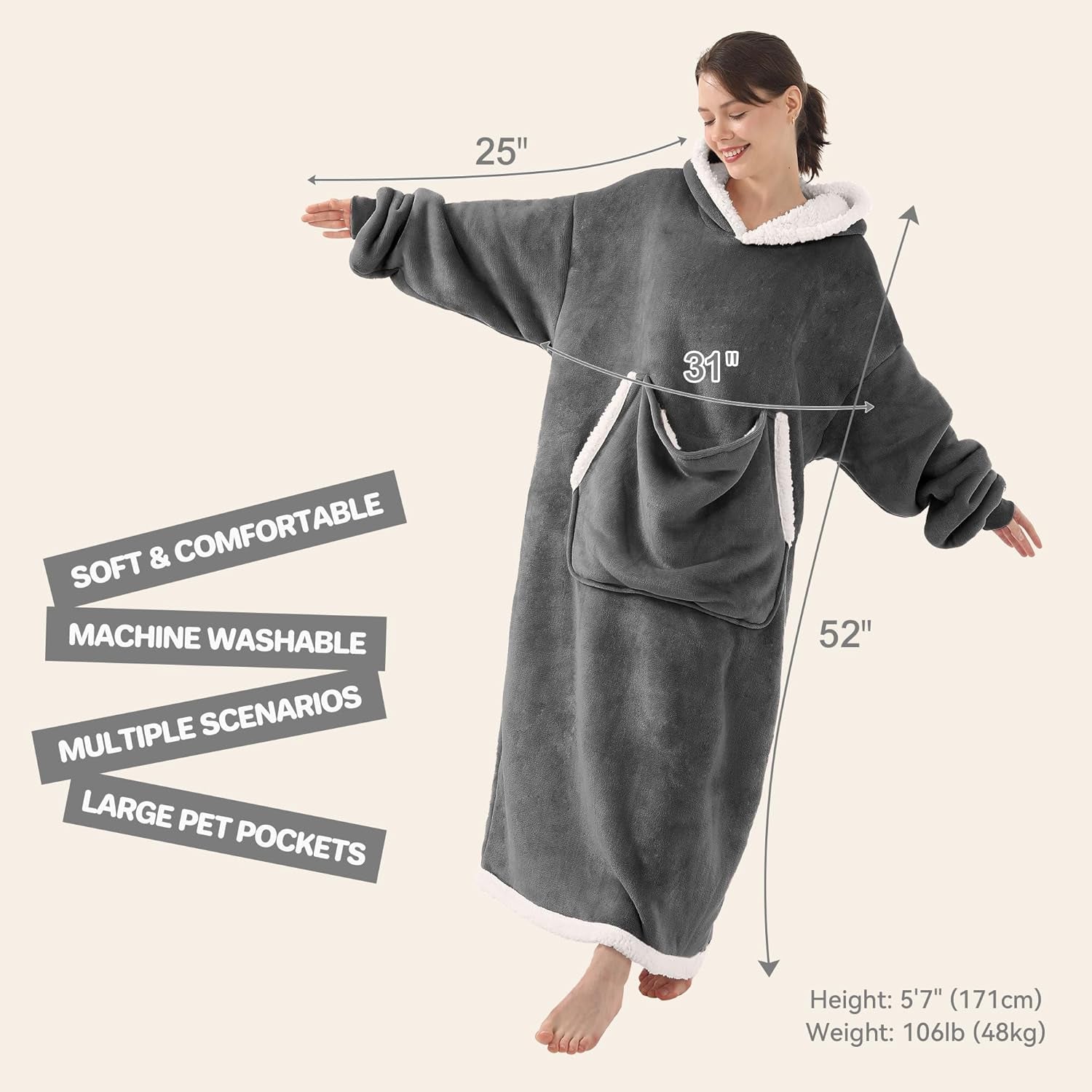 Wearable Blanket Hoodie with Cat Pouch, Oversized Hooded Sweatshirt Blanket Robe for Women, Gift for Cat Lover Women Mom Dad