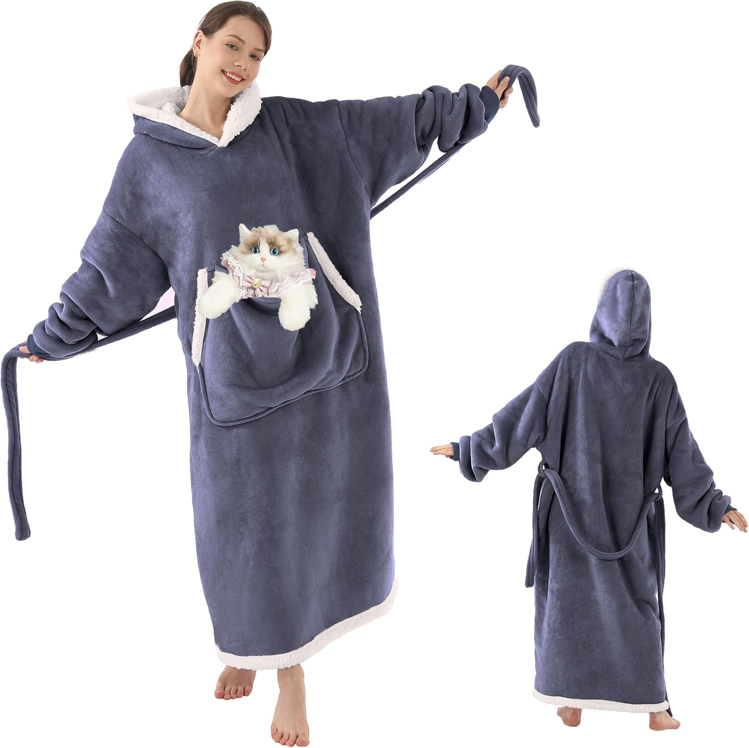 Wearable Blanket Hoodie with Cat Pouch, Oversized Hooded Sweatshirt Blanket Robe for Women, Gift for Cat Lover Women Mom Dad