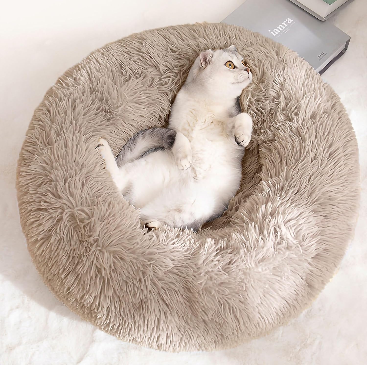 Cat Beds for Indoor Cats - Cat Bed Washable 20/24 Inches, Dog Beds for Small Medium Dogs, anti Anxiety round Fluffy Plush Faux Fur Cat Bed, Thick Bottom (Light Grey, Medium)